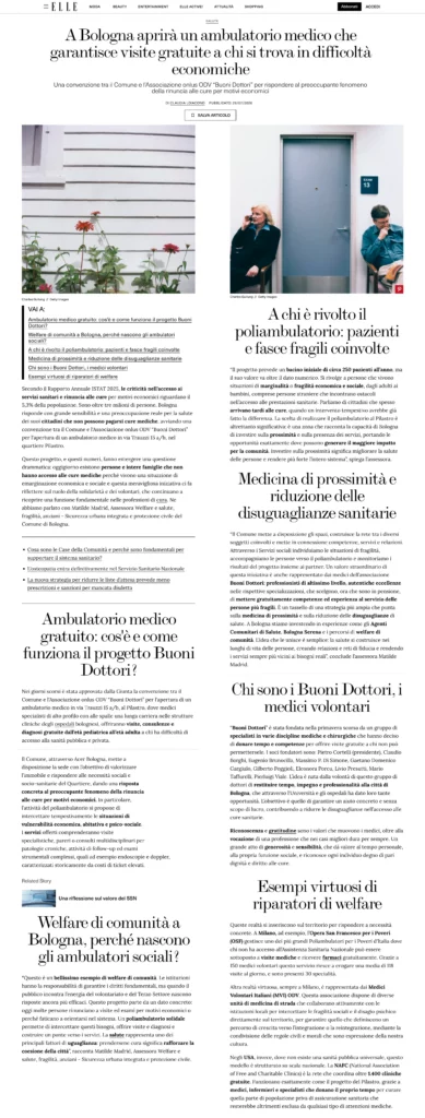 2026/07/29 - ELLE - A Bologna aprirà un ambulatorio medico che garantisce visite gratuite a chi si trova in difficoltà economiche