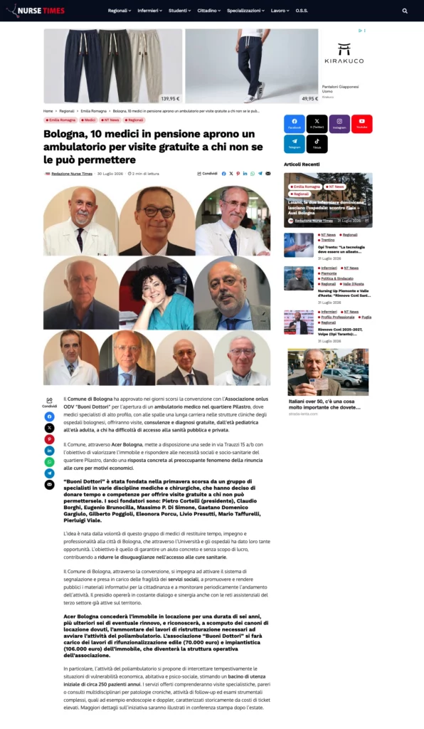 2026/07/30 - NurseTimes - Bologna 10 medici in pensione aprono un ambulatorio per visite gratuite a chi non se le può permettere