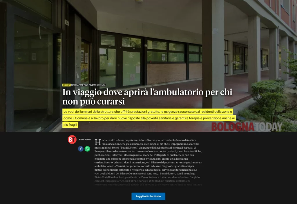 2026/08/09 - Bologna Today - Dossier Reti gratuite vs povertà sanitaria - In viaggio vode aprirà l'ambulatorio per chi non può curarsi