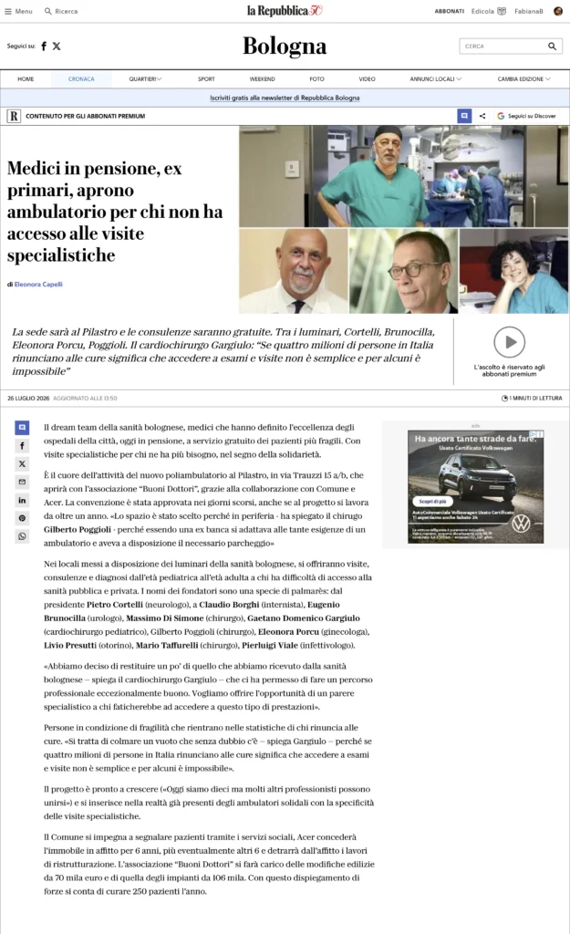 2026/07/26 - la Repubblica - Medici in pensione, ex primari, aprono ambulatorio per chi non ha accesso alle visite