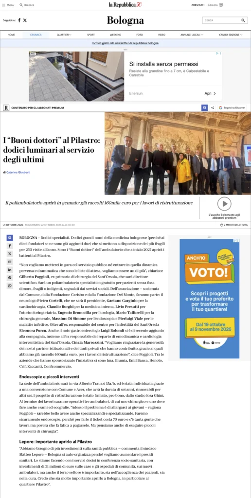 2026/10/21 - la Repubblica - I Buoni Dottori al Pilastro dodici luminari al servizio degli ultimi