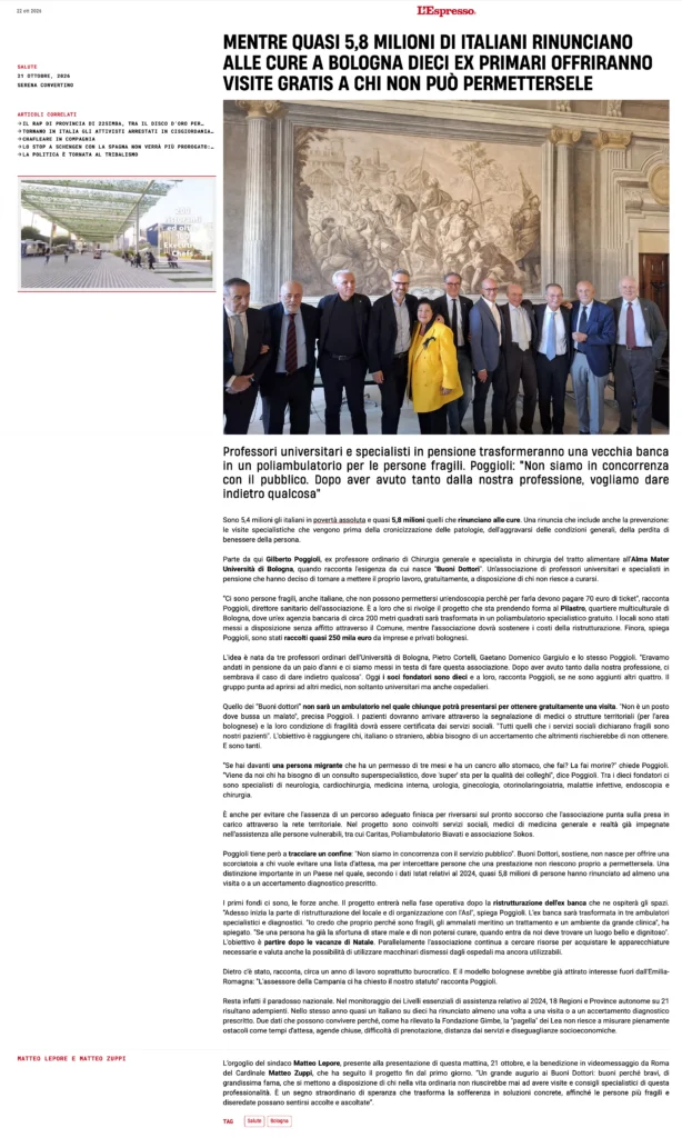 2026/10/22 - L'Espresso - Mentre quasi 5,8 milioni di italiani rinunciano alle cure a Bologna 10 ex primari offriranno visite gratis a chi non può permettersele