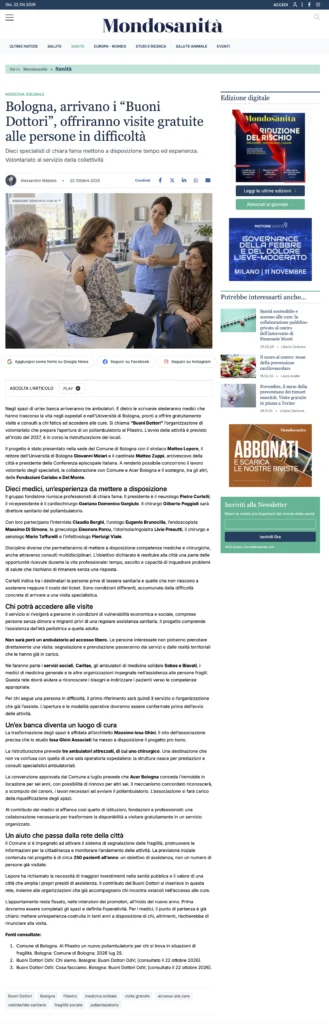 2026/10/22 - Mondosanità - Bologna arrivano i Buoni Dottori offriranno visite gratuite alle persone in difficoltà