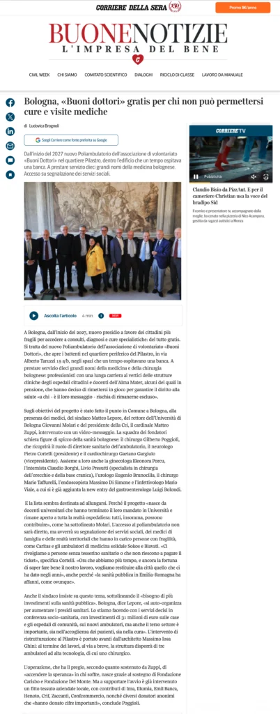 2026/10/23 - Corriere della sera - Bologna Buoni Dottori gratis per chi non può permettersi cure e visite mediche