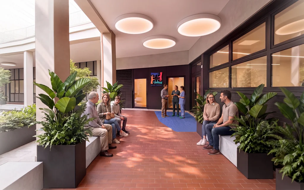 Render del progetto dell'ambulatorio di Buoni Dottori che mostra come si presenterà l'esterno di via Alberto Trauzzi, 15.