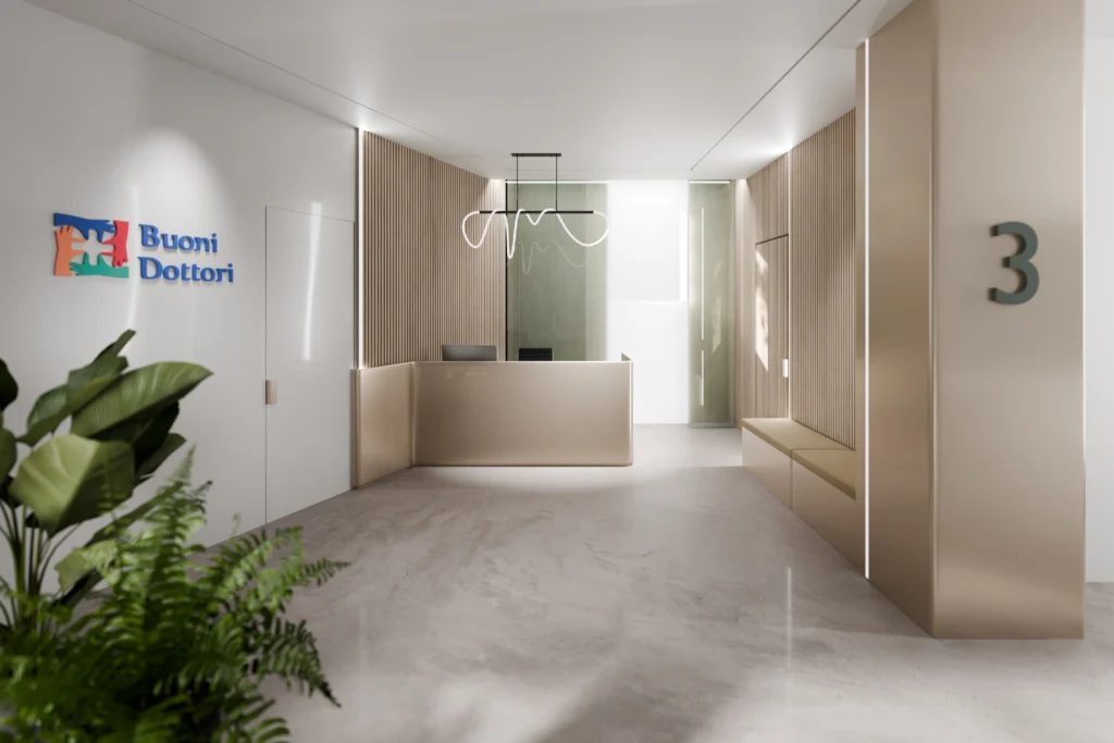 Render del progetto dell'ambulatorio di Buoni Dottori che mostra come si presenterà la sala di attesa e reception.