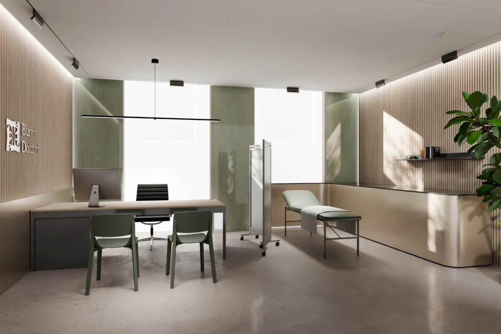 Render del progetto dell'ambulatorio di Buoni Dottori che mostra come si presenteranno gli interni.